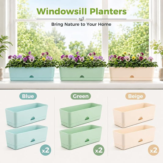 6 Pack Rectangle Planter 16 Inch Window Boxes Planters Rectangular Window Sill Planters Indoor Self Watering Plant Pots with Drainage Holes and Saucers Succulent Herb Flower Pots, Macaron Color