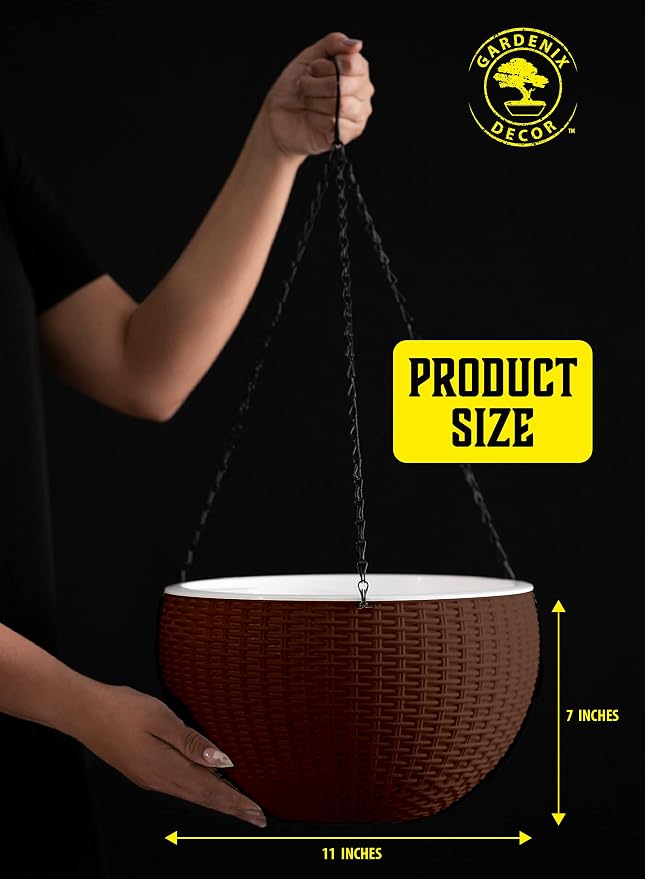 GARDENIX DECOR Self Watering Hanging Planter, 11'' Indoor, Brown, Coco Coir, with Water Level Indicator, Round, 1 Pack