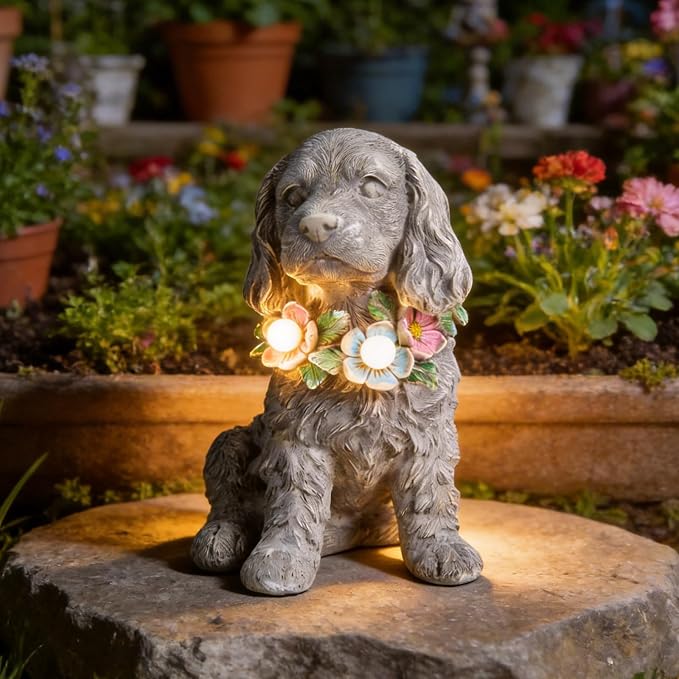 Garden Statue Dog Memorial Gifts - Yard Art Decoration with Flower Solar LED Lights Waterproof Resin Garden Figurine Decor for Outdoor Patio Yard Lawn Ornament