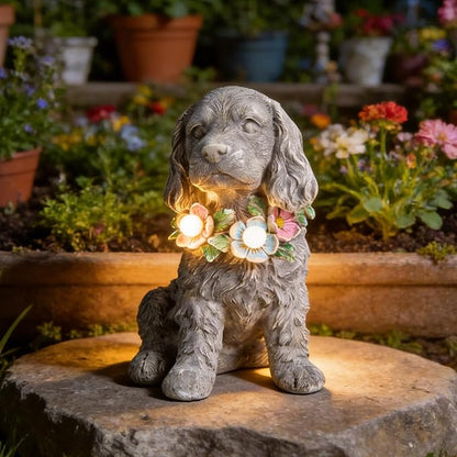 Garden Statue Dog Memorial Gifts - Yard Art Decoration with Flower Solar LED Lights Waterproof Resin Garden Figurine Decor for Outdoor Patio Yard Lawn Ornament
