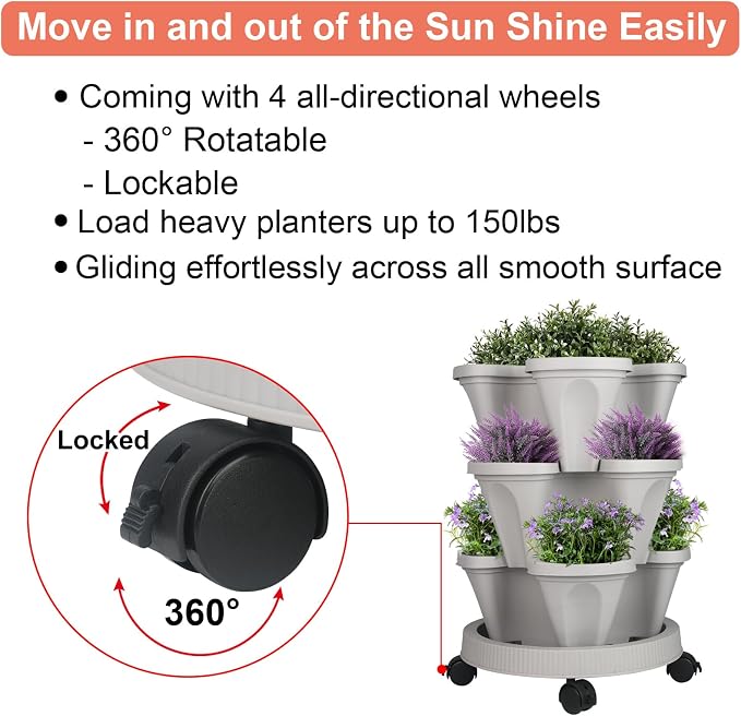 GameXcel Vertical Planter Tower - 3 Tier Stackable Garden Planters with Wheels and Tools Plant Pots for Strawberry Herb Flower and Vegetable Indoor Outdoor Use Gray