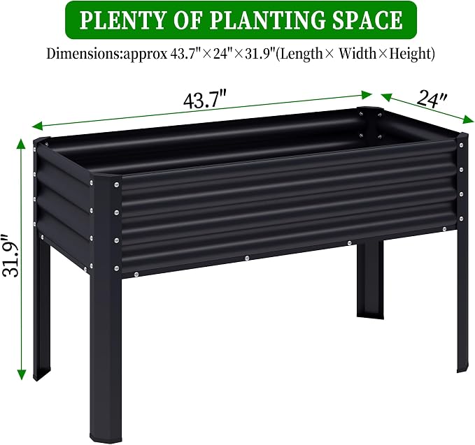 Galvanized Raised Garden Bed with Legs, 43×24×32in Large Metal Elevated Raised Planter Box with Drainage Holes for Backyard, Patio, Balcony, 400lb Capacity,Black