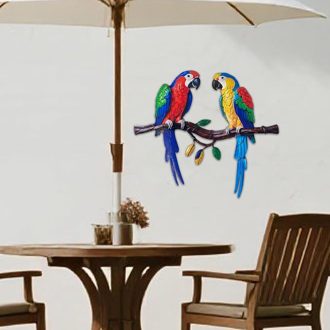 Limygus Colorful Tropical Double Parrot Metal Wall Art, Indoor Outdoor Hanging Decor for Patio Yard Balcony Living Room