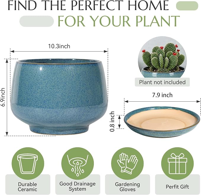 10.3 Inch Flower pots for Indoor Outdoor Plants with Saucer Drainage Leak-Proof Mesh, Ceramic Planter with Gardening Gloves for Succulent and Flower(Crackled Blue)