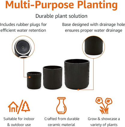 Amazon Basics Fluted Ceramic Planters for Indoor Outdoor Plants, Round Flower Pots with Drainage Hole, Set of 3, 6 inch, 8 inch, 10 inch, Black