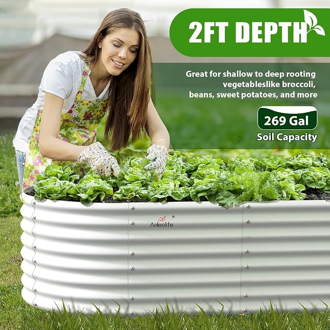 A ANLEOLIFE 6X3X2 ft Galvanized Raised Garden Beds Outdoor, Oval Large Metal Deep Root Planter Box for Planting Vegetables Flowers Herb, Anti-Rust & Easy-Setup, Antique White