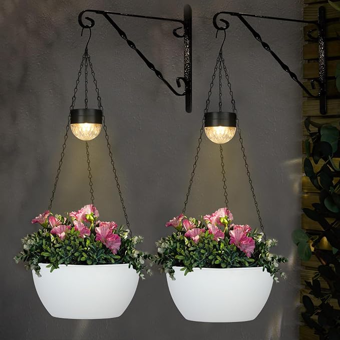 SUNNYPARK 2 Pack Solar Hanging Planters for Plants Outdoor | Self Watering, White Flower Pots with Solar Light, Hanging Garden Planters with Drainer for Balcony Patio Outdoor Decor