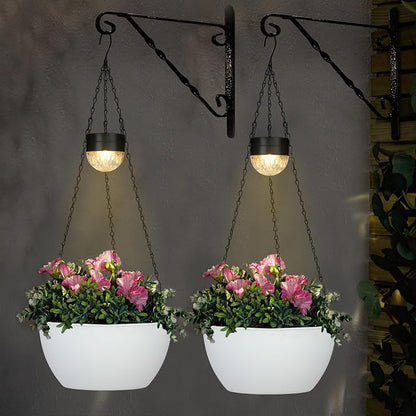 SUNNYPARK 2 Pack Solar Hanging Planters for Plants Outdoor | Self Watering, White Flower Pots with Solar Light, Hanging Garden Planters with Drainer for Balcony Patio Outdoor Decor