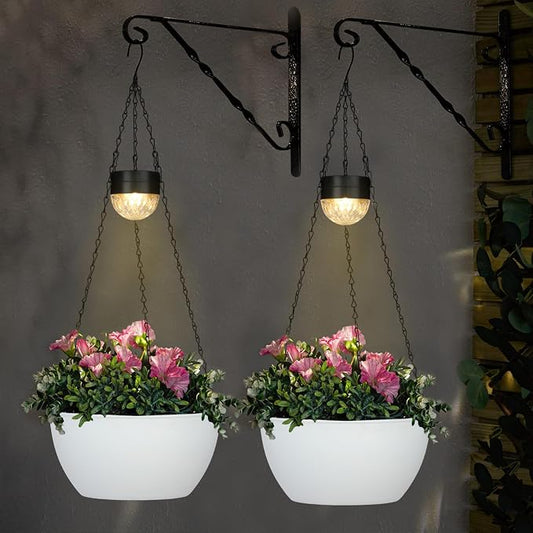 SUNNYPARK 2 Pack Solar Hanging Planters for Plants Outdoor | Self Watering, White Flower Pots with Solar Light, Hanging Garden Planters with Drainer for Balcony Patio Outdoor Decor