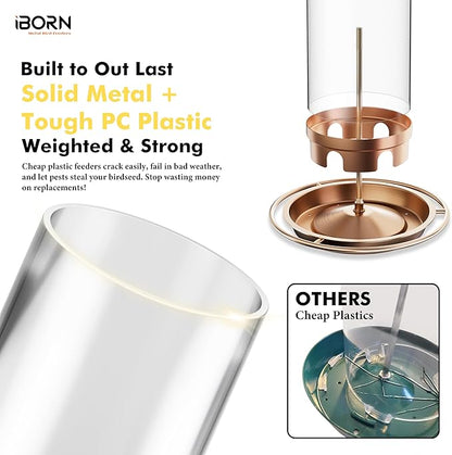 iBorn Metal Bird Feeders for Outdoors, Brushed Copper, 6 Port, 2.2LB | For Cardinal, Chew Proof, 18cm Large Roof & Tray, Hanging