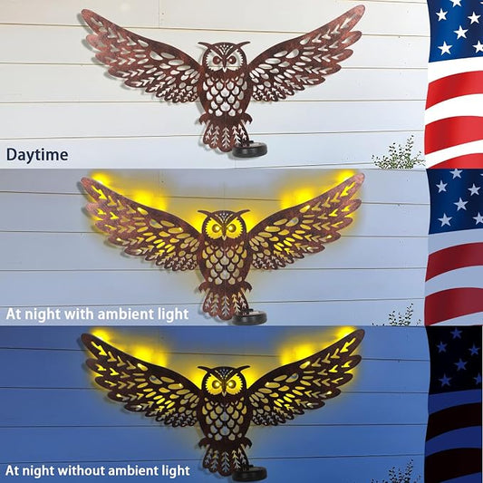 Metal Owl Outdoor Wall Decor with 35 Led Solar Lights- 23" Outdoor Fence Wall Art Decor, Gift for Mom Grandma Women Birthday Gardening,Hanging Decoration for Garden Patio Porch Yard
