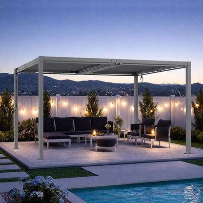 Louvered Pergola 10' x 13' with Waterproof Curtains, Outdoor Aluminum Pergola with Reinforced Steel Roof, Heavy-Duty Hardtop Gazebo, Privacy Shaded Shelter, Gray