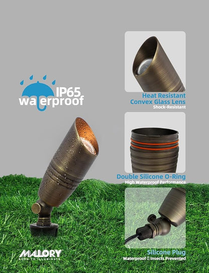 MALORY Brass Landscape Spotlights 1-Pack with MR16 Bulb(S02), 12V Low Voltage Landscape Lighting LED Outdoor Spot Uplights for House and Tree,PVC Ground Stake and Wire Connector Included, 5W 2700K