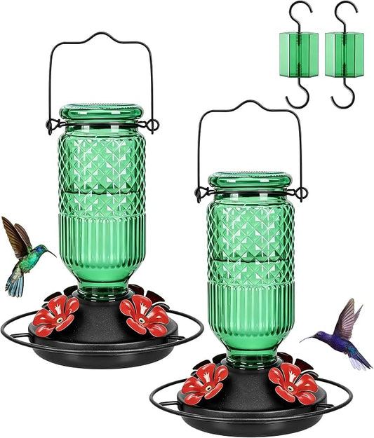 FEED GARDEN Glass Hummingbird Feeder 2 Pack, 16oz Leak-Proof with Ant Moat & Bee Guards, Easy Clean Wide Mouth, Metal Perches, Green Outdoor Hanging