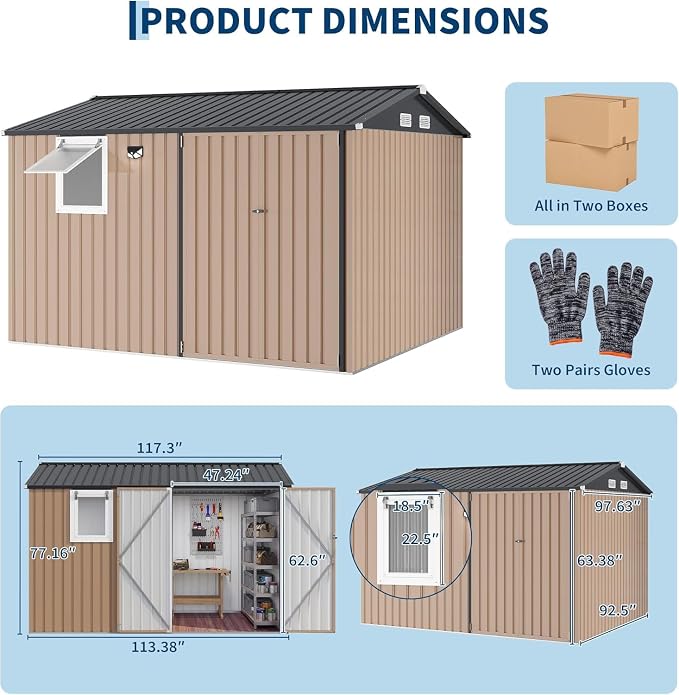 Garvee 10 x 8 FT Heavy-Duty Metal Outdoor Storage Shed with Motion Sensor Solar Light and Window,Pegboard Tool Organizer, Lockable Doors and 4 Air Vents, Garden Shed for Patio, Garage, Backyard | Motion Sensor Light, Window, Pegboard Tool Organizer, Lo...
