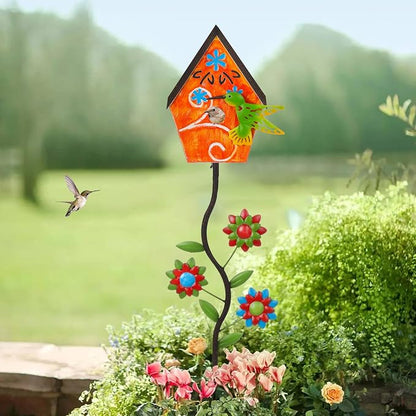 51” Metal Bird Houses Stake for Outside Hummingbird Design | Metal Wild Birdhouse, 5 Pronged Garden Stake Pole, Outdoor Decorations for Patio, Backyard, Garden