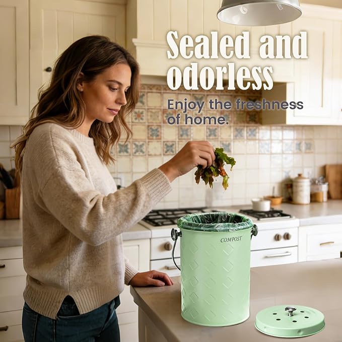 AOSION Countertop Compost Bin Kitchen,Odorless Indoor Compost Bin with Lid | 1 Gallon Composter Container,Removable Inner Bucket,50 Compost Bags,2 Carbon Filters,ideal for food scraps,coffee grounds