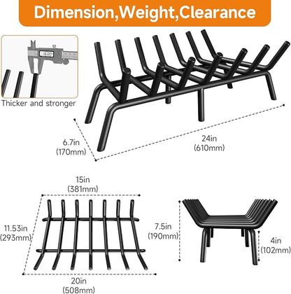 SUZLON Fireplace Grate 24 inch 7 Bar Fireplace Log Grate Heavy Duty Solid Steel Indoor Chimney Hearth with 6 Enhanced Stability Legs Kindling Tools Pit Wood Stove Firewood Burning Rack Holder