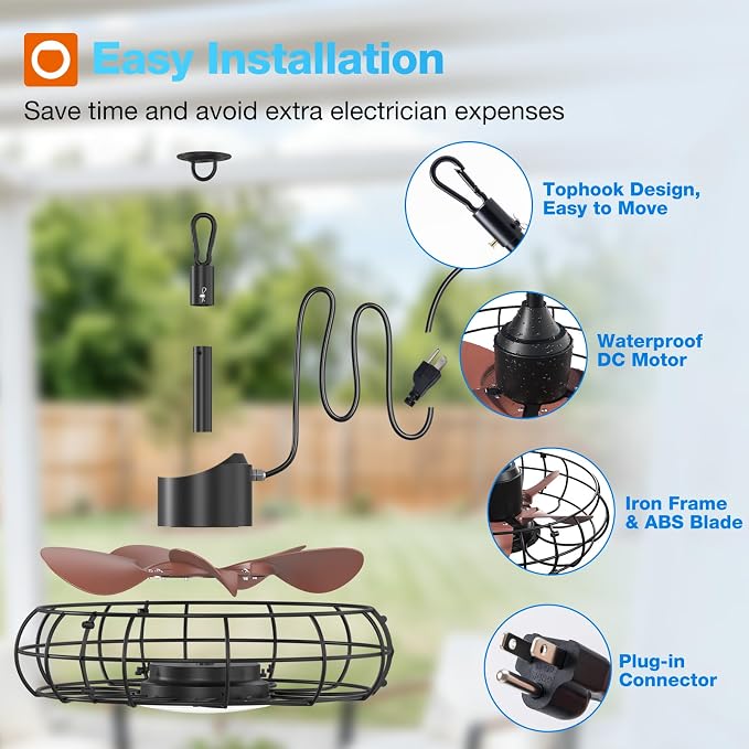 addlon 20 Inch Outdoor Ceiling Fan with Light for Patio, IP65 Waterproof Plug in Caged Hanging Fan, Remote Control, 3000-6000K Dimmable, 6 Speeds Reversible Outdoor Fan for Gazebo, Pergola, Porch