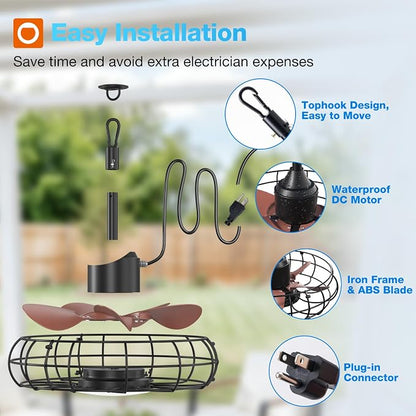 addlon 20 Inch Outdoor Ceiling Fan with Light for Patio, IP65 Waterproof Plug in Caged Hanging Fan, Remote Control, 3000-6000K Dimmable, 6 Speeds Reversible Outdoor Fan for Gazebo, Pergola, Porch