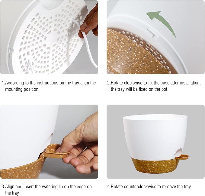 WSMKSZ 10 inch Self Watering Pots, 2 Pack Plastic Planters with Mesh Drainage Holes for Garden Plants, Plants Pots with Deep Reservoir for Indoor Outdoor Plants, White with Brown