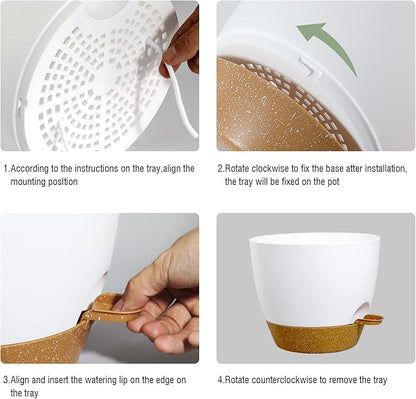 WSMKSZ 10 inch Self Watering Pots, 2 Pack Plastic Planters with Mesh Drainage Holes for Garden Plants, Plants Pots with Deep Reservoir for Indoor Outdoor Plants, White with Brown