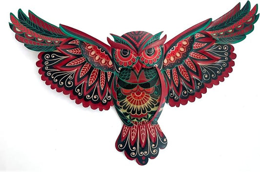 LIFFY Boho Metal Owl Wall Decor - Unique Outdoor Wall Art Decoration - 15" Glass Hanging Wall Owl Decor Brighten Up Patio, Porch or Door, Garden Decoration, Birthday Gift Ideas
