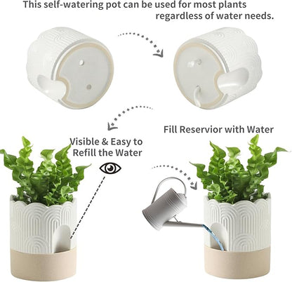 Nihow Ceramic Self Watering Pots for Indoor Plants, 6 Inch,Beige | Visible Water Level Fill Port,Planter with Cotton Wick,Water Storage Plus, Cylinder Round Flower Pot, Succulent/Herbs/Violets