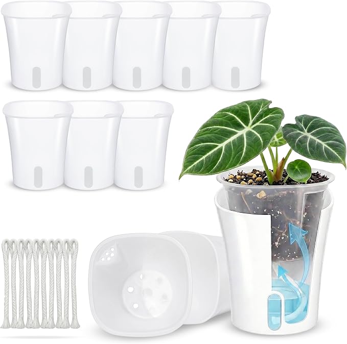 10 Pack 4" Self Watering Small White Plant Pots for Indoor Plants, Clear Inner Cup, Water Level Indicator, Drainage Holes & Wick, for Cuttings, Seedlings, Herb, African Violet, Hoya, Begonia
