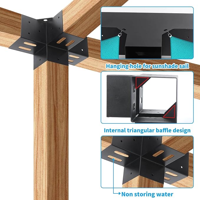 Woodworks 4x4 Pergola Brackets - 4-Way 90 Right Angle Corner Extension Brackets for 4x4 Inch Lumber (2PCS) - Black Powder Coated Modular Sizing Pergola/Gazebo Hardware