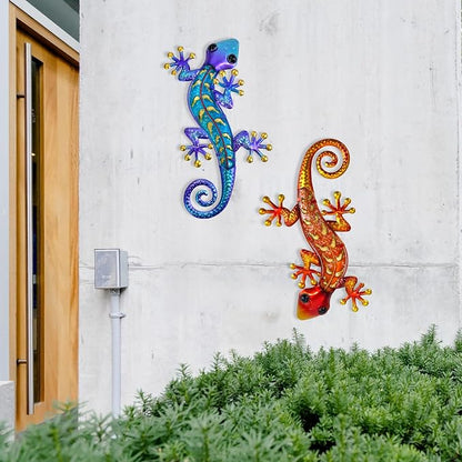 HONGLAND Metal Gecko Wall Art- 15 Inch Lizard Outdoor Decor Hanging Glass Sculpture, 2 Pack Gecko Wall Art Decorations for Garden Fence Home