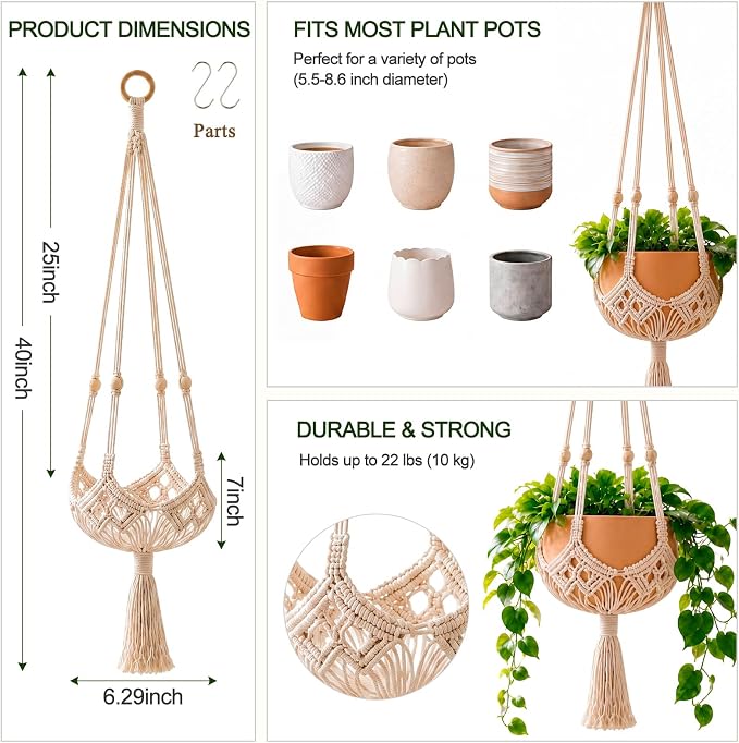 Shappy 2 Pack Boho Macrame Plant Hanger, Large Hanging Planter Plant Holder Pot Hanger Hanging Basket Wall Planters, Plants Lover Gift for Indoor Garden (Wooden Ring and Wooden Beads,White)