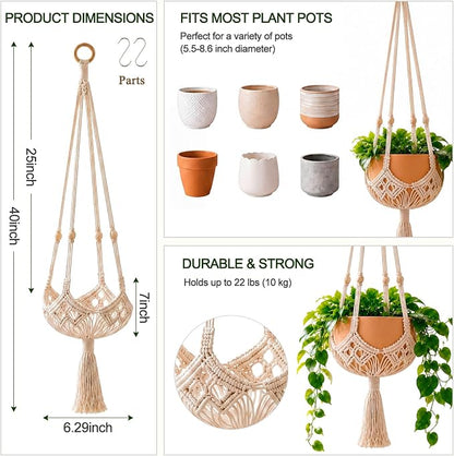Shappy 2 Pack Boho Macrame Plant Hanger, Large Hanging Planter Plant Holder Pot Hanger Hanging Basket Wall Planters, Plants Lover Gift for Indoor Garden (Wooden Ring and Wooden Beads,White)