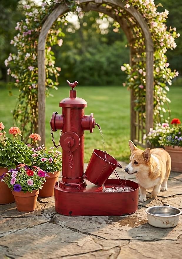 2-Tier Outdoor Water Fountain, 27" Heavy-Duty Metal Garden Fountains | Rustic Waterfall with Pumb & Debris Filter Screen, Rustproof Fire Hydrant Soothing Water Flow for Patio Yard Porch Decor