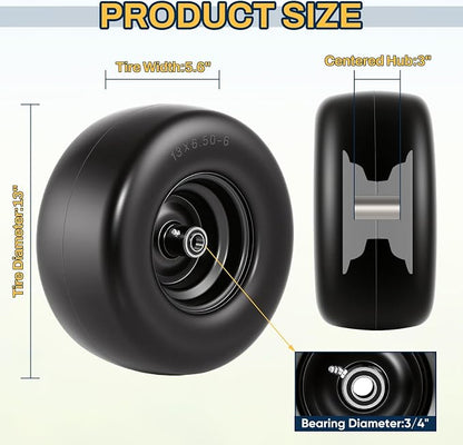 2 PCS 13×6.50-6 Flat Free Lawn Mower Tires and Wheel, Solid Smooth Tread Tire, 13x6.50-6 Zero Turn Mower Front Tires for Commercial Garden Lawn, with 3/4" & 5/8" Bearings, 4"- 8.2" Centered Hub