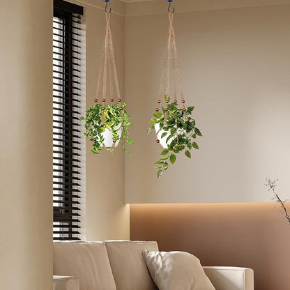 LEWESU Jute Macrame Plant Hanger Indoor Set of 2 Hanging Planter Basket Flower Pot Holder with Decorative Wood Beads & No Tassels for Indoor Outdoor Boho Home Decor, 35 Inch Brown (Pots Not Included)