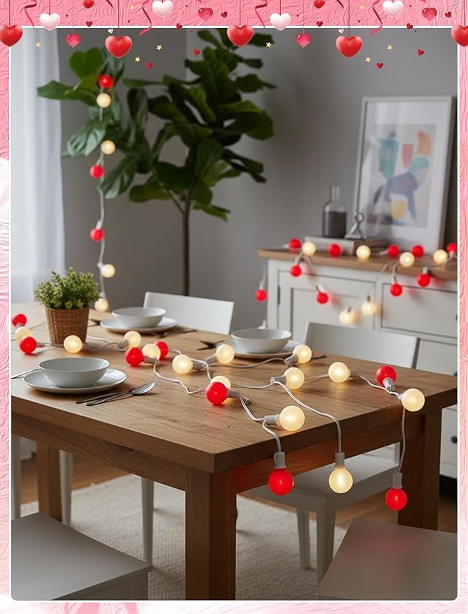 LED Valentine’s Day String Lights, 25Ft Valentines Decorations Outdoor | 25+2 G40 Round Bulbs, Connectable, Shatterproof Hanging Indoor Fairy Lights for Wedding Date Patio, Frosted Red White