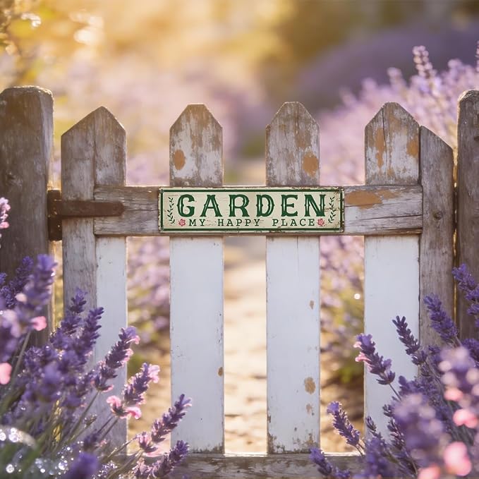 Garden Metal Tin Sign, My Happy Place Sign, Vintage Farmhouse Outdoor Wall Decor, for Porch Patio Fence, Gift for Rustic Garden Shed Decor, 15.7 x 3.9 Inches