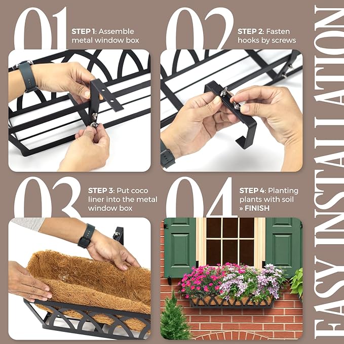 2 Pack 24IN Window Box Railing with Adjustable Brackets, Hanging Flower Planter Basket with Coco Liner for Outdoor Balcony Porch Fence Patio (Black)