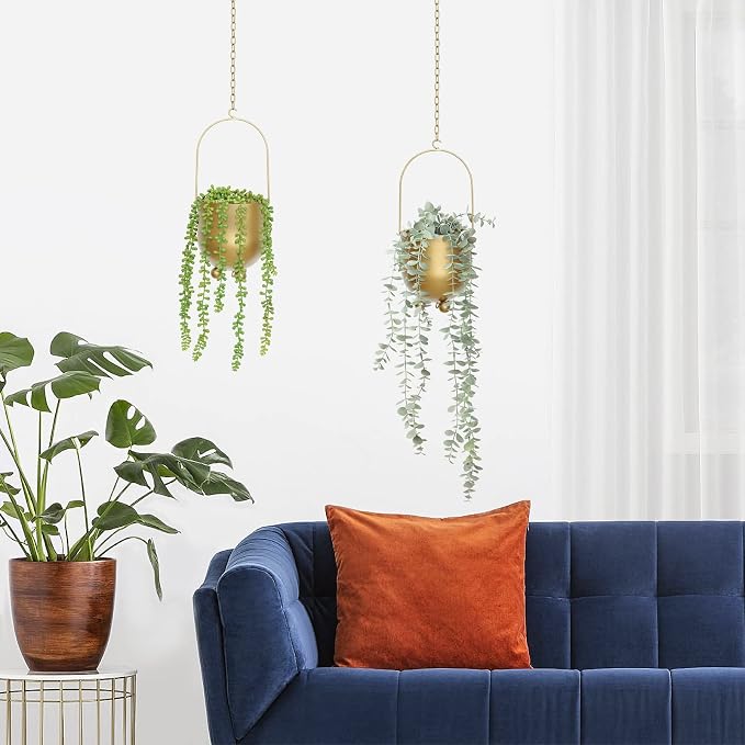 AceList Boho Gold Metal Hanging Planters, Set of 2 with Hooks & Chains - Versatile Wall & Ceiling Plant Hangers for Indoor/Outdoor Décor