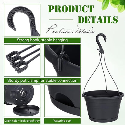 Roshtia 10 Pcs 10 Inch Hanging Baskets for Plants Large Plastic Hanging Basket Pots with Drainage Trays Self Watering Planter Pots for Outdoor Indoor Plants Flowers Garden Balcony (Black)