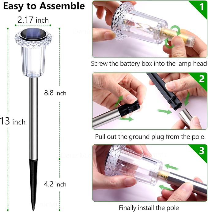 DenicMic Solar Garden Lights Outdoor Waterproof Warm White LED 15 Pack | Yard Garden Driveway Walkway Landscape Path Lights, Starburst Pattern, Acrylic Diamond-like Lampshade Stainless Steel Pole