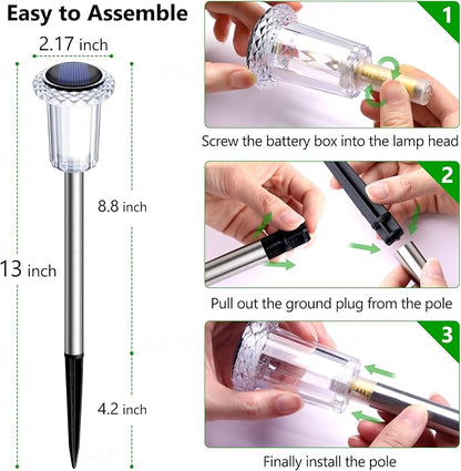 DenicMic Solar Garden Lights Outdoor Waterproof Warm White LED 15 Pack | Yard Garden Driveway Walkway Landscape Path Lights, Starburst Pattern, Acrylic Diamond-like Lampshade Stainless Steel Pole