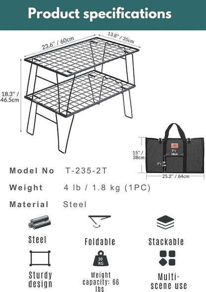 CAMPINGMOON Camping Mesh Rack 2 Pack Folding Camp Storage Shelf Lightweight Portable Black Steel Outdoor Kitchen Gear Organizer Carry Bag Included T-235-2T