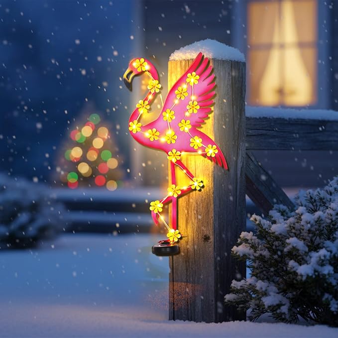 Metal Flamingo Outdoor Wall Decor with 30 Led Solar Lights- 23.2" Outdoor Fence Wall Art Decor, Gift for Mom Grandma Women Birthday Gardening,Hanging Decoration for Garden Patio Porch Yard