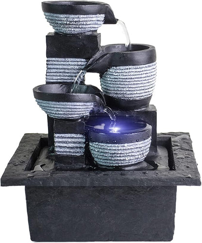 Ferrisland Tabletop Waterfall Fountain - 3-Step Modern Water Fountain with LED Light for Office Desktop Decor