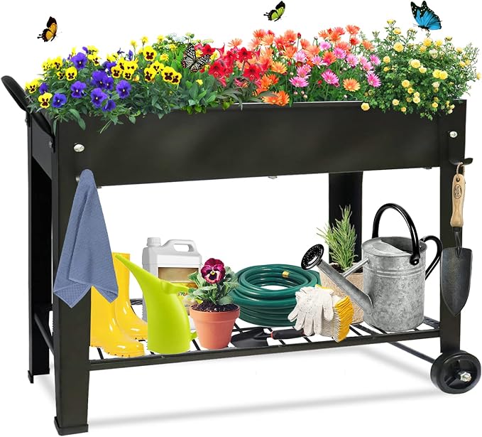 Raised Garden Planter Beds with Wheels Legs, Large Planters Box for Indoor Outdoor Plants,Metal Galvanized Elevated Rectangle Herb Planter Box for Vegetables Flower Patio 31.5" H