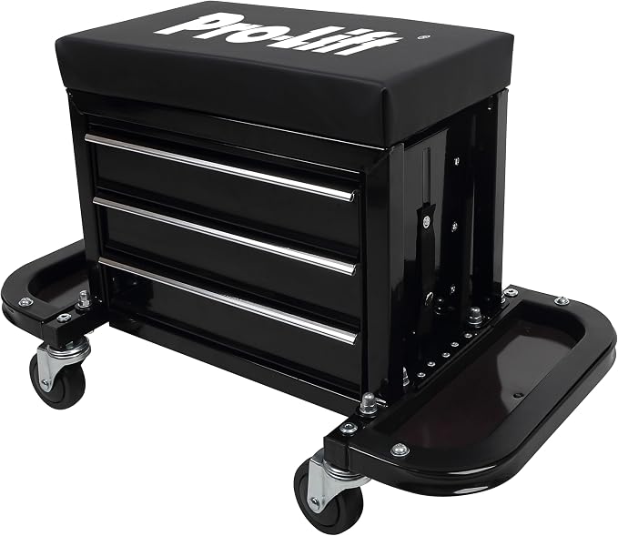 Pro-Lift Mechanic Roller Seat with Tool Box - 3-Drawer Rolling Tool Chest Stool with Padded Seat Cushion for Garage Creeper – 400 Lbs Capacity