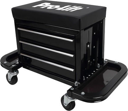 Pro-Lift Mechanic Roller Seat with Tool Box - 3-Drawer Rolling Tool Chest Stool with Padded Seat Cushion for Garage Creeper – 400 Lbs Capacity