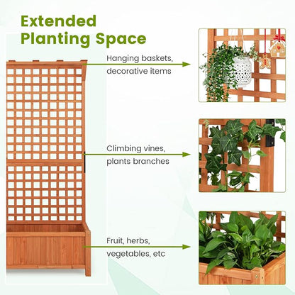 HAPPYGRILL Raised Garden Bed with Trellis, 72.5" Planter Raised Bed with Drainage Holes, Freestanding Garden Box for Vine Climbing Plants, Wooden Planter Box for Yard Balcony (2, Orange)